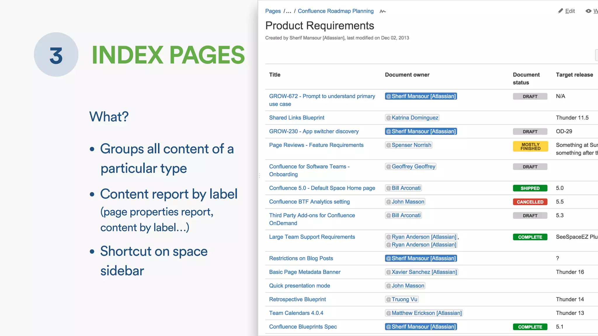 3 INDEX PAGES
Create
meeting
label
What?
• Groups all content of a
particular type
• Content report by label
(page properties report,
content by label…)
• Shortcut on space
sidebar
 