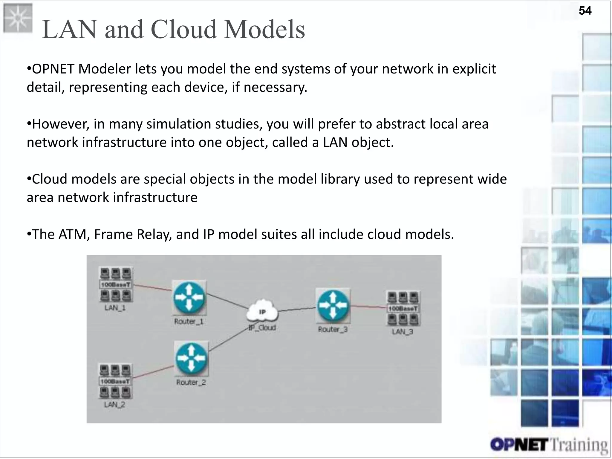 54
LAN and Cloud Models
•OPNET Modeler lets you model the end systems of your network in explicit
detail, representing each device, if necessary.
•However, in many simulation studies, you will prefer to abstract local area
network infrastructure into one object, called a LAN object.
•Cloud models are special objects in the model library used to represent wide
area network infrastructure
•The ATM, Frame Relay, and IP model suites all include cloud models.
 