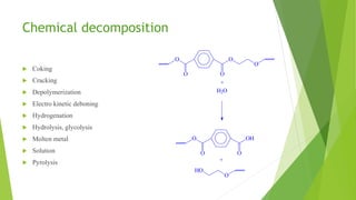 Chemical decomposition
 Coking
 Cracking
 Depolymerization
 Electro kinetic deboning
 Hydrogenation
 Hydrolysis, glycolysis
 Molten metal
 Solution
 Pyrolysis
O
O
O
O
O
O
O
OH
O
HO
O
+
H2O
+
 