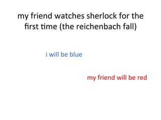 my	
  friend	
  watches	
  sherlock	
  for	
  the	
  
ﬁrst	
  4me	
  (the	
  reichenbach	
  fall)	
  
i	
  will	
  be	
  blue	
  
my	
  friend	
  will	
  be	
  red	
  
 