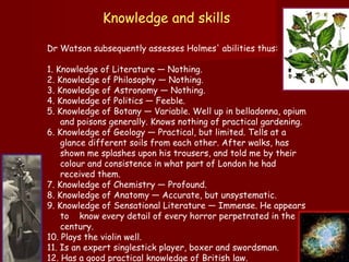 Knowledge and skills   Dr Watson subsequently assesses Holmes' abilities thus: 1. Knowledge of Literature — Nothing.  2. Knowledge of Philosophy — Nothing.  3. Knowledge of Astronomy — Nothing.  4. Knowledge of Politics — Feeble.  5. Knowledge of Botany — Variable. Well up in belladonna, opium and poisons generally. Knows nothing of practical gardening.  6. Knowledge of Geology — Practical, but limited. Tells at a glance different soils from each other. After walks, has shown me splashes upon his trousers, and told me by their colour and consistence in what part of London he had received them.  7. Knowledge of Chemistry — Profound.  8. Knowledge of Anatomy — Accurate, but unsystematic.  9. Knowledge of Sensational Literature — Immense. He appears to  know every detail of every horror perpetrated in the century.  10. Plays the violin well.  11. Is an expert singlestick player, boxer and swordsman.  12. Has a good practical knowledge of British law.  