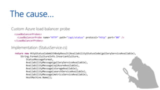 The cause…
Custom Azure load balancer probe
Implementation (StatusService.cs)
<LoadBalancerProbes>
<LoadBalancerProbe name...