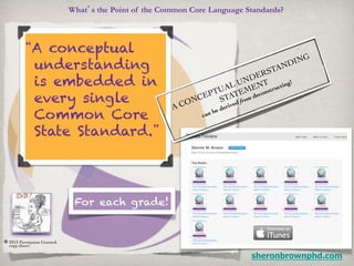 What’s the Point of the Common Core Language Standards?



           “A conceptual
            understanding
            is embedded in
            every single
            Common Core
            State Standard.”




                                 For each grade!


©!2013 Permission Granted.	

  copy	

       share!	


                                                                              sheronbrownphd.com
 