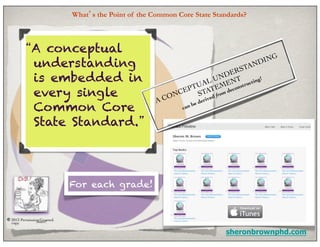 What’s the Point of the Common Core State Standards?



            “A conceptual
                                                                                           G
             understanding                                                              DIN
                                                                                  RS TAN
                                                                                DE 	

             is embedded in                                         A
                                                                              N
                                                                       L U ENT tructing!
                                                                                         	


                                                                PTU ATEM decons
             every single                                  O NC
                                                               E ST
                                                                         ed f
                                                                             rom
                                                         AC       der
                                                                      iv
             Common Core                                         can
                                                                       be


             State Standard.”




                                For each grade!


©!2013 Permission Granted.	

                share!	

  copy	


                                                                               sheronbrownphd.com
 