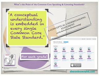 What’s the Point of the Common Core Speaking & Listening Standards?



           “A conceptual
                                                                                        G
            understanding                                                            DIN
                                                                               RS TAN
                                                                             DE 	

            is embedded in                                       A
                                                                           N
                                                                    L U ENT tructing!
                                                                                      	


                                                             PTU ATEM decons
            every single                                O NC
                                                            E ST
                                                                      ed f
                                                                          rom
                                                      AC       der
                                                                   iv
            Common Core                                       can
                                                                    be


            State Standard.”




                                For each grade!


©!2013 Permission Granted.	

  copy	

       share!	


                                                                            sheronbrownphd.com
 
