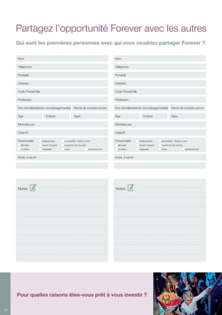 18
Pour quelles raisons êtes-vous prêt à vous investir ?
Partagez l’opportunité Forever avec les autres
Qui sont les premières personnes avec qui vous voudriez partager Forever ?
Notes Notes
Nom
Téléphone
Portable
Adresse
Code Postal/Ville
Profession
État civil célibataire/en concubinage/marié(e) Permis de conduire oui/non
Âge		 Enfants	 Âges
Motivé(e) par
Objectif	
Personnalité 	 indépendant	 accessible / facile à vivre	
altruiste	 ouvert d’esprit	 couronné de succès
confiant 	 insatisfait	 local	 	 professionnel 	
Autre, à savoir
Nom
Téléphone
Portable
Adresse
Code Postal/Ville
Profession
État civil célibataire/en concubinage/marié(e) Permis de conduire oui/non
Âge		 Enfants	 Âges
Motivé(e) par
Objectif	
Personnalité 	 indépendant	 accessible / facile à vivre	
altruiste	 ouvert d’esprit	 couronné de succès
confiant 	 insatisfait	 local	 	 professionnel 	
Autre, à savoir
 