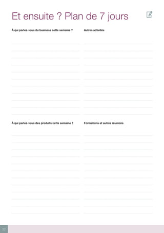 32
À qui parlez-vous du business cette semaine ? Autres activités
Formations et autres réunionsÀ qui parlez-vous des produits cette semaine ?
Et ensuite ? Plan de 7 jours
 