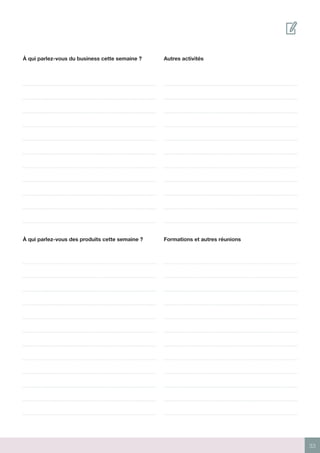 33
À qui parlez-vous du business cette semaine ? Autres activités
À qui parlez-vous des produits cette semaine ? Formations et autres réunions
 