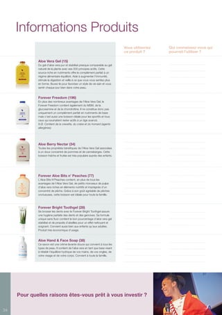 34
Informations Produits
Pour quelles raisons êtes-vous prêt à vous investir ?
Vous utiliseriez
ce produit ?
Qui connaissez-vous qui
pourrait l’utiliser ?
Aloe Vera Gel (15)
Du gel d’aloe vera pur et stabilisé presque comparable au gel
naturel de la plante avec ses 200 principes actifs. Cette
source riche en nutriments offre le complément parfait à un
régime alimentaire équilibré. Aide à augmenter l’immunité,
stimule la digestion et veille à ce que vous vous sentiez plus
en forme. Buvez-le pour favoriser un style de vie sain et vous
sentir chaque jour bien dans votre peau.
Forever Freedom (196)
En plus des nombreux avantages de l’Aloe Vera Gel, le
Forever Freedom contient également du MSM, de la
glucosamine et de la chondroïtine. Il ne constitue donc pas
uniquement un complément parfait en nutriments de base
mais c’est aussi une boisson idéale pour les sportifs et tous
ceux qui souhaitent rester actifs à un âge avancé.
N.B. Contient de la crevette, du crabe et du homard (agents
allergènes)
Aloe Berry Nectar (34)
Toutes les propriétés bénéfiques de l’Aloe Vera Gel associées
à un doux concentré de pommes et de canneberges. Cette
boisson fraîche et fruitée est très populaire auprès des enfants.
Forever Aloe Bits n’ Peaches (77)
L’Aloe Bits N’Peaches contient, en plus de tous les
avantages de l’Aloe Vera Gel, de petits morceaux de pulpe
d’aloe vera riches en éléments nutritifs et imprégnés d’un
concentré de pêche. Grâce à son goût agréable de pêches
onctueuses, cette boisson est idéale pour toute la famille.
Forever Bright Toothgel (28)
Se brosser les dents avec le Forever Bright Toothgel assure
une hygiène parfaite des dents et des gencives. Sa formule
unique sans fluor contient le bon pourcentage d’aloe vera gel
stabilisé et de propolis d’abeilles pour un effet nettoyant et
soignant. Convient aussi bien aux enfants qu’aux adultes.
Produit très économique d’usage.
Aloe Hand & Face Soap (38)
Ce savon est une crème lavante douce qui convient à tous les
types de peau. Il contient de l’aloe vera en tant que base visant
à rétablir l’équilibre hydrique de vos mains, de vos ongles, de
votre visage et de votre corps. Convient à toute la famille.
 