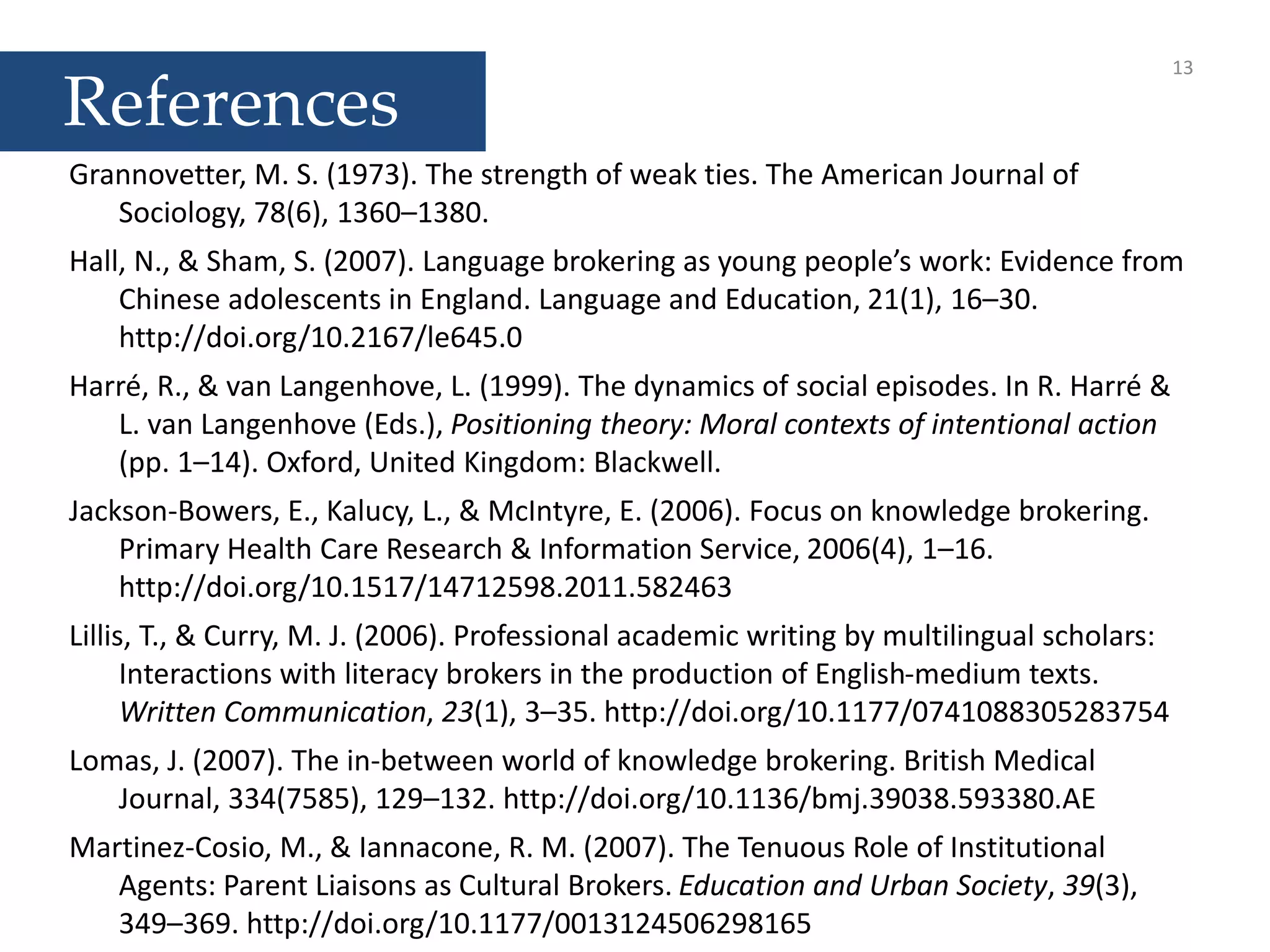 References
Grannovetter, M. S. (1973). The strength of weak ties. The American Journal of
Sociology, 78(6), 1360–1380.
Hall, N., & Sham, S. (2007). Language brokering as young people’s work: Evidence from
Chinese adolescents in England. Language and Education, 21(1), 16–30.
http://doi.org/10.2167/le645.0
Harré, R., & van Langenhove, L. (1999). The dynamics of social episodes. In R. Harré &
L. van Langenhove (Eds.), Positioning theory: Moral contexts of intentional action
(pp. 1–14). Oxford, United Kingdom: Blackwell.
Jackson-Bowers, E., Kalucy, L., & McIntyre, E. (2006). Focus on knowledge brokering.
Primary Health Care Research & Information Service, 2006(4), 1–16.
http://doi.org/10.1517/14712598.2011.582463
Lillis, T., & Curry, M. J. (2006). Professional academic writing by multilingual scholars:
Interactions with literacy brokers in the production of English-medium texts.
Written Communication, 23(1), 3–35. http://doi.org/10.1177/0741088305283754
Lomas, J. (2007). The in-between world of knowledge brokering. British Medical
Journal, 334(7585), 129–132. http://doi.org/10.1136/bmj.39038.593380.AE
Martinez-Cosio, M., & Iannacone, R. M. (2007). The Tenuous Role of Institutional
Agents: Parent Liaisons as Cultural Brokers. Education and Urban Society, 39(3),
349–369. http://doi.org/10.1177/0013124506298165
13
 