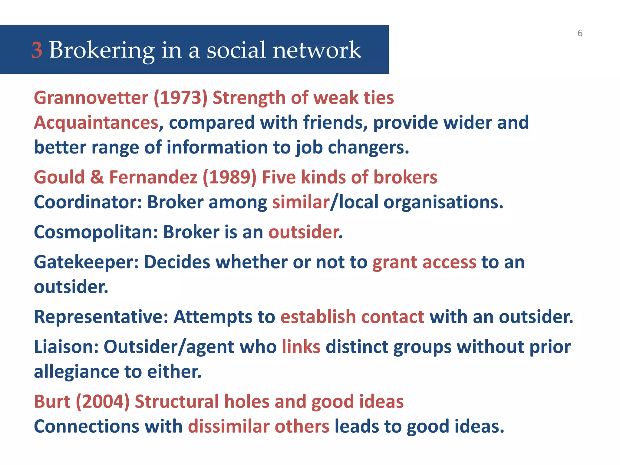 6
Grannovetter (1973) Strength of weak ties
Acquaintances, compared with friends, provide wider and
better range of information to job changers.
Gould & Fernandez (1989) Five kinds of brokers
Coordinator: Broker among similar/local organisations.
Cosmopolitan: Broker is an outsider.
Gatekeeper: Decides whether or not to grant access to an
outsider.
Representative: Attempts to establish contact with an outsider.
Liaison: Outsider/agent who links distinct groups without prior
allegiance to either.
Burt (2004) Structural holes and good ideas
Connections with dissimilar others leads to good ideas.
3 Brokering in a social network
 
