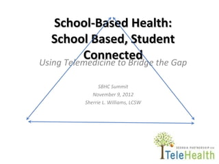 School-Based Health:
   School Based, Student
          Connected the Gap
Using Telemedicine to Bridge

              SBHC Summit
           November 9, 2012
        Sherrie L. Williams, LCSW
 