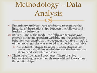 
 Preliminary analyses were conducted to examine the
linearity of the relationships between the follower and
leadership behaviors
 In Step 1 one of the model, the follower behavior was
entered as the independent variable, and the leadership
behavior was entered as the dependent variable. In step 2
of the model, gender was entered as a predictor variable
 A significant F-change from Step 1 to Step 2 meant that
gender was a significant moderating variable between the
follower and leadership variables.
 There were five main hypotheses. Therefore, five
hierarchical regression models were utilized to examine
the relationships.
Methodology – Data
Analysis
 