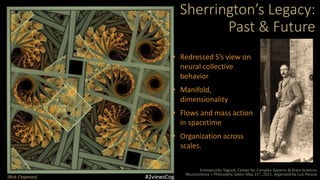 (Rick Chapman)
Sherrington’s Legacy:
Past & Future
Emmanuelle Tognoli, Center for Complex Systems & Brain Sciences
Neuroscience + Philosophy Salon, May 21st, 2021, organized by Luiz Pessoa
• Redressed S’s view on
neural collective
behavior
• Manifold,
dimensionality
• Flows and mass action
in spacetime
• Organization across
scales.
#2viewsCog
 