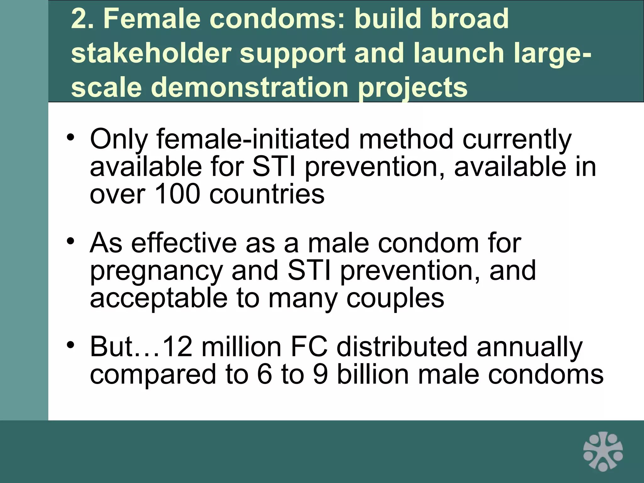 2. Female condoms: build broad
stakeholder support and launch large-
scale demonstration projects
• Only female-initiated method currently
available for STI prevention, available in
over 100 countries
• As effective as a male condom for
pregnancy and STI prevention, and
acceptable to many couples
• But…12 million FC distributed annually
compared to 6 to 9 billion male condoms
 
