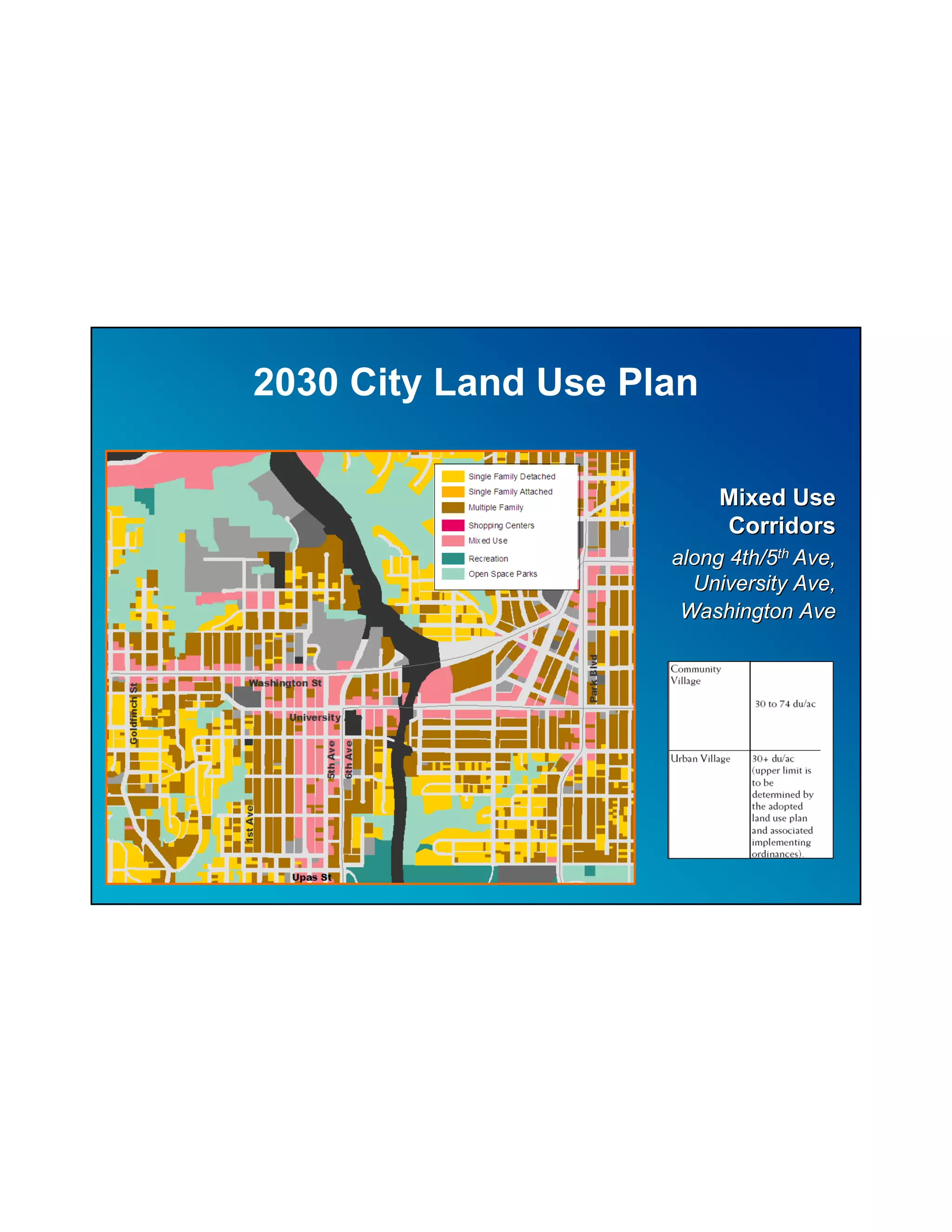 2030 City Land Use Plan

                          Mixed Use
                          Corridors
                     along 4th/5th Ave,
                       University Ave,
                      Washington Ave
 