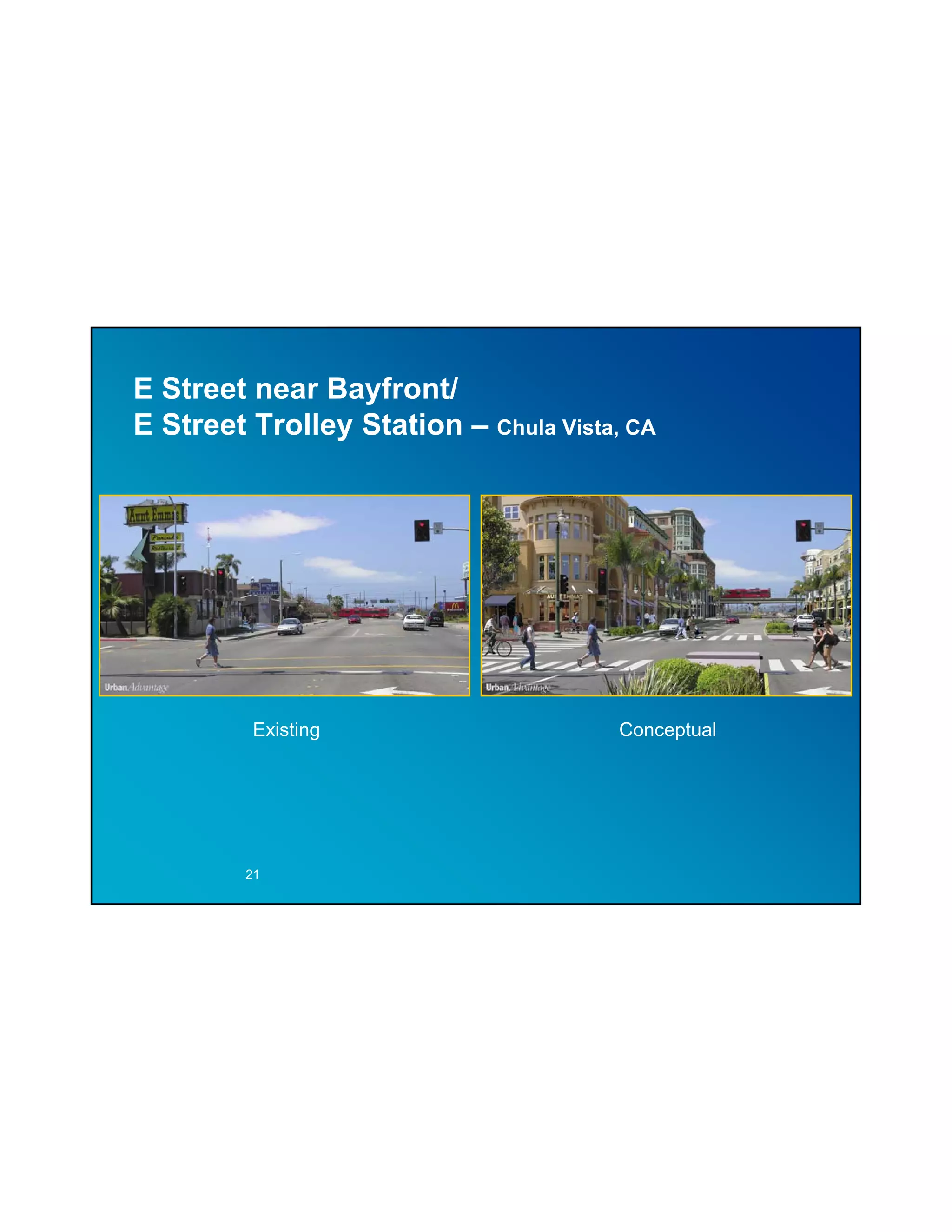 E Street near Bayfront/
E Street Trolley Station – Chula Vista, CA




          Existing                     Conceptual




         21
 