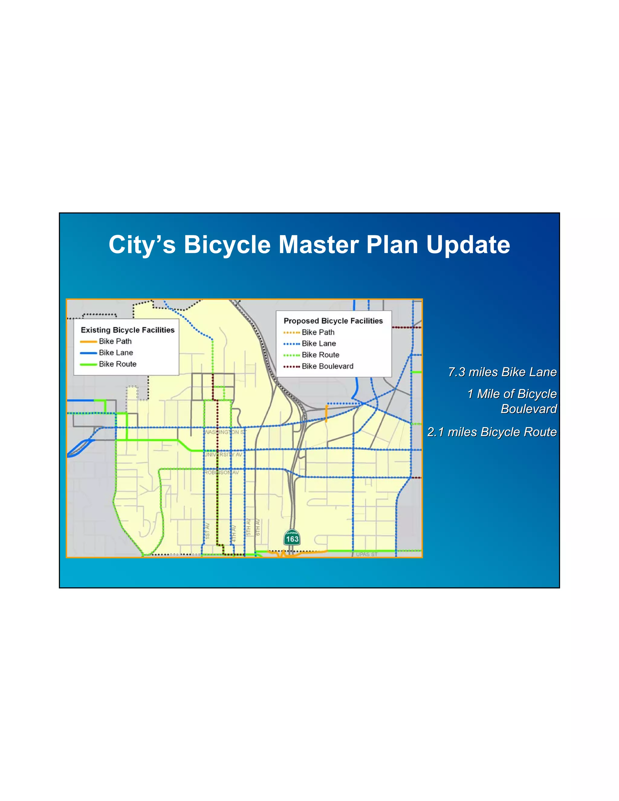 City’s Bicycle Master Plan Update



                             7.3 miles Bike Lane
                                1 Mile of Bicycle
                                      Boulevard
                          2.1 miles Bicycle Route
 