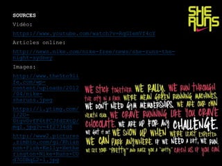 SOURCES
Vidéo:
https://www.youtube.com/watch?v=RqGIemVf4cY
Articles online:
http://news.nike.com/nike-free/news/she-runs-the-
night-sydney
Images:
http://www.the5to9li
fe.com/wp-
content/uploads/2012
/04/nike-
sheruns.jpeg
https://i.ytimg.com/
i/2U-
0tgv0vfF6tFCJfdZXtQ/
mq1.jpg?v=4f2734d8
http://www2.pictures
.zimbio.com/gi/Rhian
non+Fish+Kelly+Hethe
rington+Nike+Runs+CO
d7ODBqL2-l.jpg
 