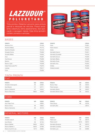 18 WWW.SHERWIN-AUTO.COM.BR
|
Tinta pronta e Sistema Lazzumix para pintura
parcial e retoques de veículos. Possui exce-
lente cobertura, ótimo alastramento, fácil apli-
cação e secagem rápida. Esta linha também
contém primers e vernizes.
P O L I U R E T A N O
BASES
PRODUTO CÓDIGO PRODUTO CÓDIGO
Alumínio Fino PU100 Preto PU001
Alumínio Médio PU110 Preto Intenso PU012
Alumínio Graúdo PU120 Verde PU015
Amarelo Cromo PU003 Vermelho Carmin PU021
Amarelo Médio PU004 Vermelho Escarlate PU016
Azul PU007 Vermelho Escuro PU034
Azul Escuro PU008 Vermelho Médio PU028
Branco PU050 Vermelho Óxido PU023
Branco Light PU049 Vermelho Vivo PU022
Clear Fosco para PU PU070 Violeta PU025
Laranja PU017 Violeta Azulado PU026
Ocre PU005
TINTA PRONTA
FIAT
PRODUTO ANO CÓDIGO PRODUTO ANO CÓDIGO
Amarelo Indianapolis 05 04094 Branco Real 88 04040
Azul Búzios 01 04711 Preto Vulcano 97 04646
Branco Ambiente 22 04432 Vermelho Alpine 98 04053
Branco Banchisa 96/04 04049 Vermelho Monte Carlo 90 04043
FORD
PRODUTO ANO CÓDIGO PRODUTO ANO CÓDIGO
Azul Trator Ford - 00830 Preto Ebony 98 03739
Branco Ártico 98 03822 Vermelho Bari - 03810
Branco Diamante 83 03116
GENERAL MOTORS
PRODUTO ANO CÓDIGO PRODUTO ANO CÓDIGO
Amarelo Java II 10 20200 Preto Liszt 94 02619
Azul Riviera 94 02143 Preto Liszt II 94/10 02673
Branco Mahler 94/04 02618 Vermelho Bonanza 80 02070
Branco Mahler II 94/04 02788 Vermelho Cordoba 94 02146
Branco Summit Lisa 12/13 20094 Vermelho Lyra 04 02898
 