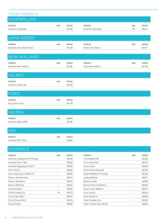 32 WWW.SHERWIN-AUTO.COM.BR
|
TINTA PRONTA
CATERPILLAR
PRODUTO ANO CÓDIGO PRODUTO ANO CÓDIGO
Amarelo Caterpillar - 95164 Amarelo Caterpillar 80 06337
JOHN DEERE
PRODUTO ANO CÓDIGO PRODUTO ANO CÓDIGO
Amarelo John Deere Novo - 95156 Verde John Deere - 95161
NEW HOLLAND
PRODUTO ANO CÓDIGO PRODUTO ANO CÓDIGO
Amarelo New Holland - 95166 Azul New Holland - 95158
VALMET
PRODUTO ANO CÓDIGO
Amarelo Valmet 82 - 95163
FORD
PRODUTO ANO CÓDIGO
Azul Trator Ford - 95159
VALTRA
PRODUTO ANO CÓDIGO
Amarelo Valtra 2008 - 86788
CBT
PRODUTO ANO CÓDIGO
Amarelo CBT Trator - 00865
		
DIVERSOS
PRODUTO ANO CÓDIGO PRODUTO ANO CÓDIGO
Aluminio Opalescente P/ Rodas - 06336 Cinza Médio N5 - 06328
Amarelo Ouro 1900 - 06338 Cinza Sub Gray - 06347
Amarelo Segurança 5Y8/12 - 06339 Cinza Trator - 06348
Azul França - 06340 Cinza Trator Especial - 95168
Azul Segurança 2,5PB4/10 - 06326 Grafite Metálico P/ Rodas - 06355
Branco Acabamento - 06341 Laranja Boreal - 06331
Branco Brastemp - 06342 Marrom Avelã - 06358
Branco Brilhante - 06343 Marrom Bronze Metálico - 06356
Charcoal Gray - 06346 Ouro Antigo Metálico - 06357
Cinza Chassis 78 78 06319 Ouro Savoia - 06359
Cinza Claro N6,5 - 06327 Preto Brilhante - 06354
Cinza Escuro N3,5 - 06316 Preto Cadillac Esp - 06334
Cinza Grafite - 06360 Preto Chassis Semi-Brilho - 06350
 