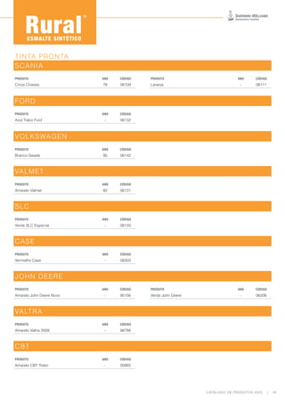CATÁLOGO DE PRODUTOS 2023 | 35
TINTA PRONTA
SCANIA
PRODUTO ANO CÓDIGO PRODUTO ANO CÓDIGO
Cinza Chassis 78 06109 Laranja - 06111
FORD
PRODUTO ANO CÓDIGO
Azul Trator Ford - 06132
VOLKSWAGEN
PRODUTO ANO CÓDIGO
Branco Geada 95 06142
VALMET
PRODUTO ANO CÓDIGO
Amarelo Valmet 82 06131
SLC
PRODUTO ANO CÓDIGO
Verde SLC Especial - 06133
CASE
PRODUTO ANO CÓDIGO
Vermelho Case - 06303
JOHN DEERE
PRODUTO ANO CÓDIGO PRODUTO ANO CÓDIGO
Amarelo John Deere Novo - 95156 Verde John Deere - 06206
VALTRA
PRODUTO ANO CÓDIGO
Amarelo Valtra 2008 - 86788
CBT
PRODUTO ANO CÓDIGO
Amarelo CBT Trator - 00865
ESMALTE SINTÉTICO
 