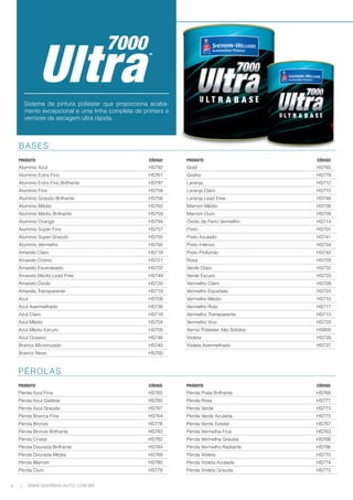 4 WWW.SHERWIN-AUTO.COM.BR
|
BASES
PRODUTO CÓDIGO PRODUTO CÓDIGO
Alumínio Azul HS792 Gold HS760
Alumínio Extra Fino HS761 Grafite HS779
Alumínio Extra Fino Brilhante HS797 Laranja HS712
Alumínio Fino HS758 Laranja Claro HS715
Alumínio Graúdo Brilhante HS756 Laranja Lead Free HS748
Alumínio Médio HS762 Marrom Médio HS726
Alumínio Médio Brilhante HS759 Marrom Ouro HS728
Alumínio Orange HS794 Óxido de Ferro Vermelho HS714
Alumínio Super Fino HS757 Preto HS701
Alumínio Super Graúdo HS755 Preto Azulado HS741
Alumínio Vermelho HS795 Preto Intenso HS734
Amarelo Claro HS718 Preto Profundo HS742
Amarelo Cromo HS721 Rosa HS729
Amarelo Esverdeado HS722 Verde Claro HS732
Amarelo Medio Lead Free HS749 Verde Escuro HS733
Amarelo Óxido HS720 Vermelho Claro HS709
Amarelo Transparente HS719 Vermelho Escarlate HS724
Azul HS708 Vermelho Médio HS710
Azul Avermelhado HS736 Vermelho Rubi HS717
Azul Claro HS718 Vermelho Transparente HS713
Azul Médio HS704 Vermelho Vivo HS723
Azul Médio Escuro HS705 Verniz Poliéster Alto Sólidos HS800
Azul Oceano HS746 Violeta HS739
Branco Micronizado HS740 Violeta Avermelhado HS737
Branco Neve HS700
PÉROLAS
PRODUTO CÓDIGO PRODUTO CÓDIGO
Pérola Azul Fina HS765 Pérola Prata Brilhante HS768
Pérola Azul Galáxia HS785 Pérola Rosa HS777
Pérola Azul Graúda HS767 Pérola Verde HS773
Pérola Branca Fina HS764 Pérola Verde Azulada HS775
Pérola Bronze HS776 Pérola Verde Estelar HS787
Pérola Bronze Brilhante HS783 Pérola Vermelha Fina HS763
Pérola Cristal HS782 Pérola Vermelha Graúda HS766
Pérola Dourada Brilhante HS784 Pérola Vermelho Radiante HS786
Pérola Dourada Média HS769 Pérola Violeta HS770
Pérola Marrom HS780 Pérola Violeta Azulada HS774
Pérola Ouro HS778 Pérola Violeta Graúda HS772
Sistema de pintura poliéster que proporciona acaba-
mento excepcional e uma linha completa de primers e
vernizes de secagem ultra rápida.
 