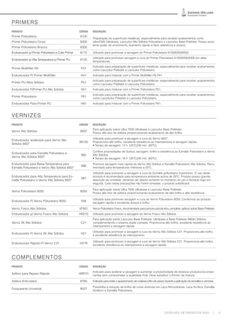 CATÁLOGO DE PRODUTOS 2023 | 9
PRIMERS
PRODUTO CÓDIGO DESCRIÇÃO
Primer Poliuretano 8100
Preparação de superfícies metálicas, especialmente para receber acabamentos como
Ultra7000 Ultrabase, Lazzudur Alto Sólidos Poliuretano e Lazzudur Base Poliéster. Possui exce-
lente poder de enchimento, lixamento rápido e fácil, aderência e dureza.
Primer Poliuretano Cinza 8200
Primer Poliuretano Branco 8300
Endurecedor p/ Primer Poliuretano e Color Primer 8110 Utilizado para promover a secagem do Primer Poliuretano 8100/8200/8300.
Endurecedor p/ Alta Temperatura p/ Primer PU 8120
Utilizado para promover secagem e cura do Primer Poliuretano 8100/8200/8300 em altas
temperaturas.
Primer Multifiller HS P41
Indicado para preparação de superfícies metálicas, especialmente para receber acabamentos
como Lazzudur Poliéster e Lazzudur Poliuretano.
Endurecedor P/ Primer Multifiller H41 Indicado para misturar com o Primer Multifiller HS P41.
Primer PU Altos Sólidos P51
Indicado para preparação de superfícies metálicas, especialmente para receber acabamentos
como Lazzudur Poliéster e Lazzudur Poliuretano.
Endurecedor P/Primer PU Alto Solidos H51 Indicado para misturar com o Primer Poliuretano P51.
Primer Poliuretano P81
Indicado para preparação de superfícies metálicas, especialmente para receber acabamentos
como Lazzdudur Poliéster e Lazzudur Poliuretano.
Endurecedor Para Primer PU H81 Indicado para misturar com o Primer Poliuretano P81.
VERNIZES
PRODUTO CÓDIGO DESCRIÇÃO
Verniz Alto Sólidos 8937
Para aplicação sobre Ultra 7000 Ultrabase e Lazzudur Base Poliéster.
Possui alto teor de sólidos proporcionando acabamento de alto brilho.
Endurecedor acelerado para Verniz Alto
Sólidos 8937
89120
Utilizado para promover a secagem e cura do Verniz 8937.
Proporciona alto brilho, excelente resistência ao intemperismo e secagem rápida.
• Tempo de secagem: 12 h. (25ºC)/30 min. (60ºC).
Endurecedor para Esmalte Poliuretano e
Verniz Alto Sólidos 8937
065
Confere propriedades de dureza, secagem, brilho e resistência ao Esmalte Poliuretano e Verniz
Alto Sólidos.
• Tempo de secagem: 16 h. (25ºC)/30 min. (60ºC).
Endurecedor para Baixa Temperatura para
Esmalte Poliuretano e Verniz Alto Sólidos 8937
066
Promove secagem mais rápida do Verniz Alto Sólidos e Esmalte Poliuretano Alto Sólidos. Reco-
mendado para temperaturas inferiores a 20ºC.
Endurecedor para Alta Temperatura para Es-
malte Poliuretano e Verniz Alto Sólidos 8937
067
Utilizado para promover a secagem e cura do Esmalte poliuretano Automotivo. O uso deste
produto é recomendado para temperatura ambiente acima de 29ºC. Produto possui grande
absorção de umidade, devendo ser aberto somente no momento do uso e fechado logo em
seguida. Caso estas precauções não forem tomadas, o produto solidificará.
Verniz Poliuretano 8050 8050
Para aplicação sobre Ultra 7000 Ultrabase e Lazzudur Base Poliéster.
Possui alto teor de sólidos proporcionando acabamento de alto brilho e alta resistência.
Endurecedor P/ Verniz Poliuretano 8050 058
Utilizado para promover secagem e cura do Verniz Poliuretano 8050. Conferindo ao produto
secagem rápida e excelente dureza e brilho.
Verniz Fosco Alto Sólidos VF001 Verniz Poliuretano Fosco, recomendado para pintura parcial e/ou completa, aplicar sobre Base Poliéster.
Endurecedor p/ Verniz Fosco Alto Sólidos H0010 Utilizado para promover a secagem do Verniz Fosco Alto Sólidos.
Verniz 2K Alto Sólidos C21
Para aplicação sobre Lazzudur Base Poliéster, Ultrabase e Base Poliéster Médio Sólidos,
complementando o sistema dupla camada. Proporciona alto brilho, excelente resistência ao
intemperismo e secagem rápida
Endurecedor P/ Verniz 2K Alto Sólidos H21
Utilizado para promover a secagem e cura do Verniz Alto Sólidos C21. Proporciona alto brilho,
e excelente resistência ao intemperismo.
Endurecedor Rápido P/ Verniz C21 H21R
Utilizado para promover a secagem e cura do Verniz Alto Sólidos C21. Proporciona alto brilho,
excelente resistência ao intemperismo e secagem rápida.
COMPLEMENTOS
PRODUTO CÓDIGO DESCRIÇÃO
Aditivo para Reparo Rápido ARR10
Indicado para acelerar a secagem e aumentar a produtividade de diversos produtos bicompo-
nentes sem comprometer a qualidade final. Deve substituir o thinner da mistura.
Aditivo Anticratera 8780 Indicado para evitar o aparecimento de crateras (olho de peixe) durante a aplicação de esmaltes e vernizes.
Fosqueante Universal 8027
Possibilita a redução de brilho de cores diversas em Laca Nitrocelulose, Laca Acrílica, Esmalte
Sintético e Esmalte Poliuretano.
 
