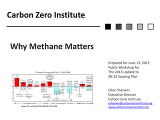 Carbon Zero Institute
Prepared for June 13, 2013
Public Workshop for
The 2013 Update to
AB 32 Scoping Plan
Elton Sherwin
Executive Director
Carbon Zero Institute
esherwin@carbonzeroinstitute.org
www.carbonzeroassociation.org
Why Methane Matters
 