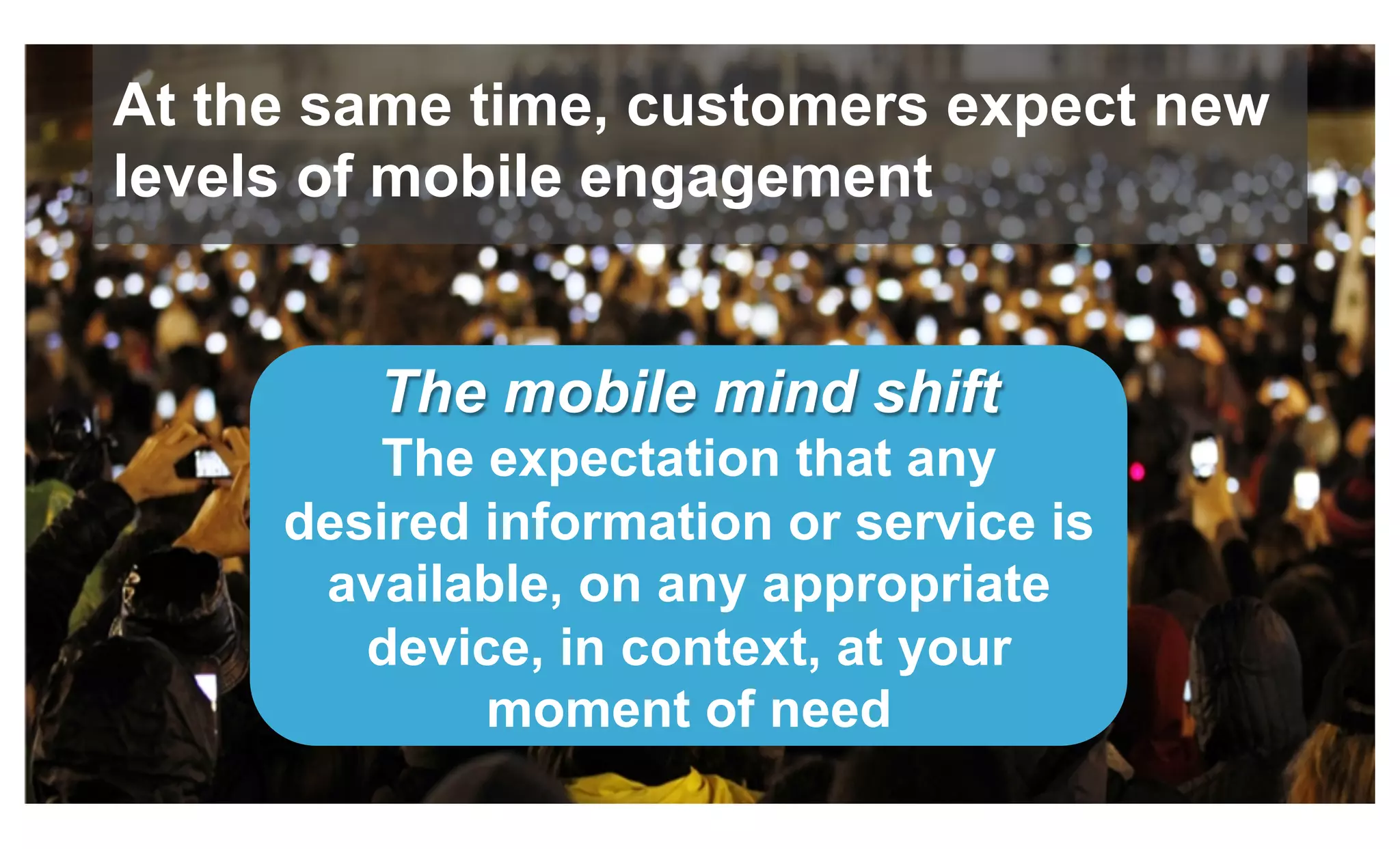 The mobile mind shift
The expectation that any
desired information or service is
available, on any appropriate
device, in context, at your
moment of need
At the same time, customers expect new
levels of mobile engagement
 