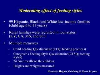 Moderating effect of feeding styles
•

99 Hispanic, Black, and White low-income families
(child age 6 to 11 years)

•

Rural families were recruited in four states
(KY, CA, MS, and SC)

•

Multiple measures
–
–

–
–

Child Feeding Questionnaire (CFQ; feeding practices)
Caregiver’s Feeding Style Questionnaire (CFSQ; feeding
styles)
24 hour recalls on the children
Heights and weights measured
Hennessy, Hughes, Goldberg & Hyatt, in press

 
