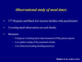 Observational study of meal times
•

177 Hispanic and Black low-income families with preschoolers

•

3 evening meal observations on each family

•

Measures
– Caregiver’s Feeding Styles Questionnaire (CFSQ; parent-report)
– Live global coding of the emotional climate
– Live behavioral coding (feeding practices)

Hughes et al., under review

 