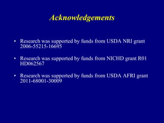 Acknowledgements
• Research was supported by funds from USDA NRI grant
2006-55215-16695
• Research was supported by funds from NICHD grant R01
HD062567
• Research was supported by funds from USDA AFRI grant
2011-68001-30009

 