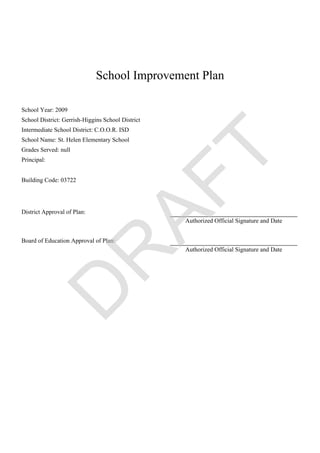 School Improvement Plan

School Year: 2009
School District: Gerrish-Higgins School District
Intermediate School District: C.O.O.R. ISD
School Name: St. Helen Elementary School
Grades Served: null
Principal:


Building Code: 03722




District Approval of Plan:
                                                   Authorized Official Signature and Date


Board of Education Approval of Plan:
                                                   Authorized Official Signature and Date
 