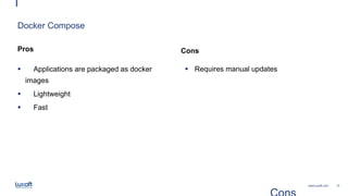 10www.luxoft.com
Docker Compose
Pros
 Applications are packaged as docker
images
 Lightweight
 Fast
Cons
 Requires manual updates
 