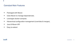 12www.luxoft.com
Carnotzet Main Features
 Packaged with Maven
 Uses Maven to manage dependencies.
 Leverages docker-compose.
 Hierarchical configuration management (overrides & merges).
 Java & Maven API
 Easy to extend
 