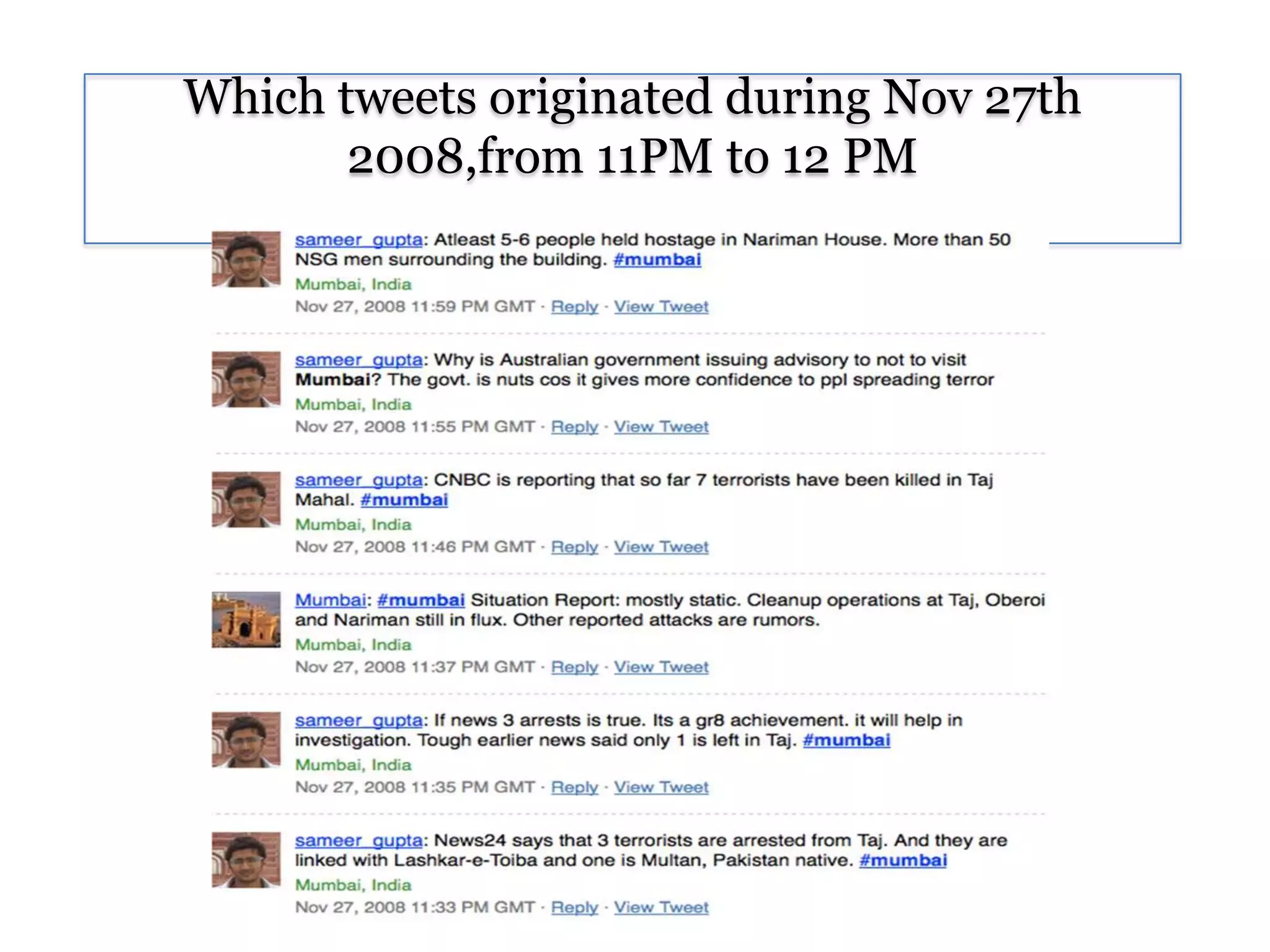 Spatial Analysis….Which tweets originated from an address near 18.916517°N 72.827682°E? 