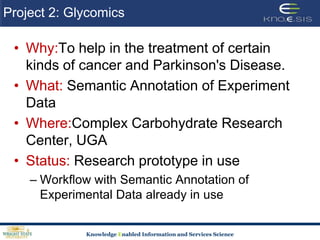 Project 2: GlycomicsWhy:To help in the treatment of certain kinds of cancer and Parkinson's Disease.What: Semantic Annotation of Experiment DataWhere:Complex Carbohydrate Research Center, UGAStatus: Research prototype in useWorkflow with Semantic Annotation of Experimental Data already in use