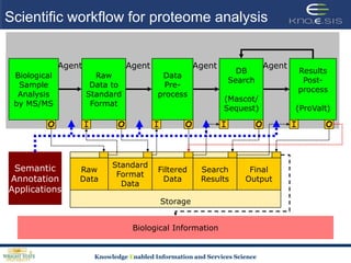 Agent Agent Agent Agent Biological Sample Analysis by MS/MSRaw Data toStandard FormatDataPre- processDB Search(Mascot/Sequest)Results Post-process(ProValt)OIOIOIOIOStorageStandard FormatDataRaw DataFiltered DataSearch ResultsFinal OutputBiological InformationScientific workflow for proteome analysisSemanticAnnotationApplications