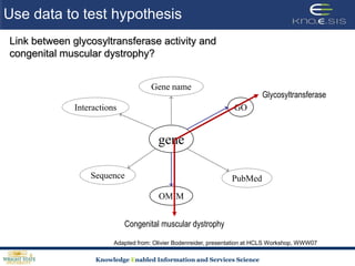 Use data to test hypothesisGene nameGOInteractionsgeneSequencePubMedOMIMLink between glycosyltransferase activity and congenital muscular dystrophy?GlycosyltransferaseCongenital muscular dystrophyAdapted from: Olivier Bodenreider, presentation at HCLS Workshop, WWW07