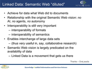 Linked Data: Semantic Web “diluted”Achieve for data what Web did to documentsRelationship with the original Semantic Web vision: no AI, no agents, no autonomyInteroperability is still very importantinteroperability of formatsinteroperability of semanticsEnables interchange of large data sets(thus very useful in, say, collaborative research)Semantic Web vision is largely predicated on the availability of dataLinked Data is a movement that gets us thereThanks – OraLassila