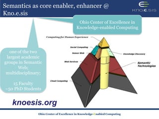 Semantics as core enabler, enhancer @
Kno.e.sis




   knoesis.org
            Ohio Center of Excellence in Knowledge-Enabled Computing
 