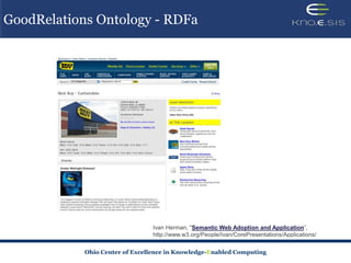GoodRelations Ontology - RDFa




                                             Semantic Web Adoption and Application



            Ohio Center of Excellence in Knowledge-Enabled Computing
 