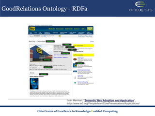 GoodRelations Ontology - RDFa




                                            Semantic Web Adoption and Application



            Ohio Center of Excellence in Knowledge-Enabled Computing
 