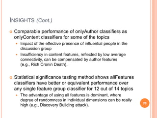 Insights (Cont.)<br />Comparable performance of onlyAuthor classifiers as onlyContent classifiers for some of the topics<b...