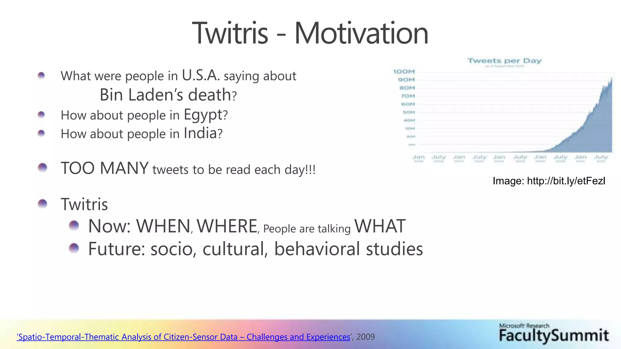 Twitris - MotivationImage: http://bit.ly/etFezlWhat were people in U.S.A. saying about 		Bin Laden’s death?How about people in Egypt?How about people in India?TOO MANY tweets to be read each day!!!TwitrisNow: WHEN, WHERE, People are talking WHATFuture: socio, cultural, behavioral studies‘Spatio-Temporal-Thematic Analysis of Citizen-Sensor Data – Challenges and Experiences’, 2009