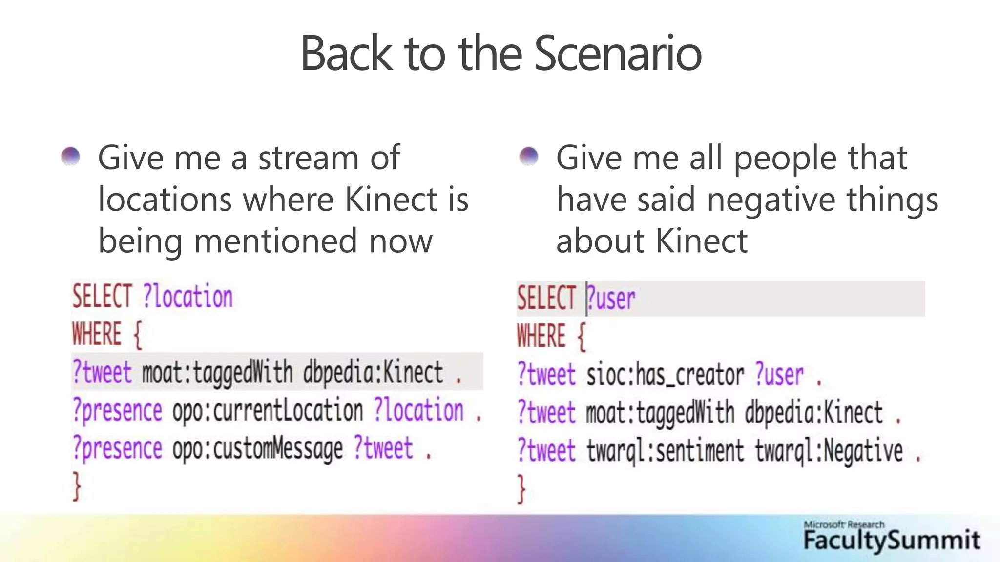 Back to the ScenarioGive me a stream of locations where Kinect is being mentioned nowGive me all people that have said negative things about Kinect
