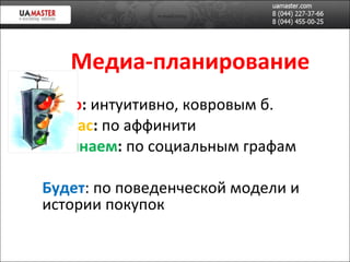 Медиа-планирование Было :  интуитивно, ковровым б. Сейчас :  по аффинити Начинаем :  по социальным графам Будет : по поведенческой модели и истории покупок 