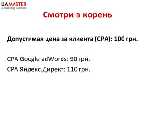 Смотри в корень Допустимая цена за клиента  (CPA) : 100 грн. CPA Google   adWords : 90 грн. СРА Яндекс.Директ: 110 грн. 