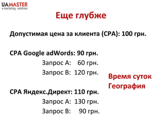Еще глубже Допустимая цена за клиента  (CPA) : 100 грн. CPA Google   adWords : 90 грн. Запрос А:  60 грн. Запрос В:  120 грн. СРА Яндекс.Директ: 110 грн. Запрос А:  130 грн. Запрос В:  90 грн. Время суток География 